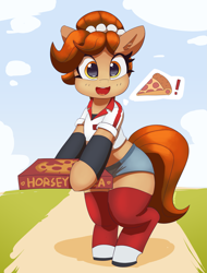 Size: 3183x4196 | Tagged: safe, artist:pabbley, oc, oc only, oc:brownie bun, species:earth pony, species:pony, belly button, bipedal, clothing, cosplay, costume, delivery, female, food, happy, high res, hoof hold, leg warmers, looking at you, mare, pizza, pizza box, shirt, shorts, smiling, socks, solo