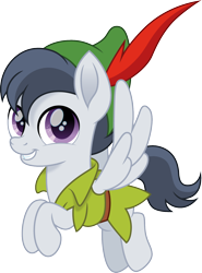 Size: 1110x1500 | Tagged: safe, artist:cloudyglow, character:rumble, species:pegasus, species:pony, clothing, colt, crossover, cute, disney, flying, hat, looking at you, male, movie accurate, peter pan, rumblebetes, simple background, smiling, smiling at you, solo, transparent background