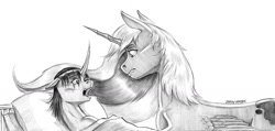 Size: 1500x716 | Tagged: safe, artist:baron engel, character:princess luna, oc, oc:prophecy, species:alicorn, species:pony, species:unicorn, female, mare, monochrome, pencil drawing, story included, traditional art