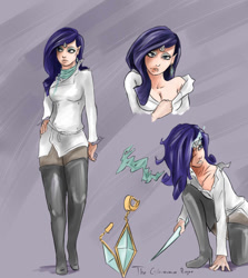 Size: 1068x1200 | Tagged: safe, artist:sundown, character:rarity, species:human, bedroom eyes, breasts, cleavage, earring, female, horned humanization, humanized, juliette d'rarie, kneeling, knife, looking at you, magic, solo, undressing, weapon