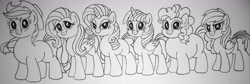 Size: 3217x1077 | Tagged: safe, artist:aleximusprime, character:applejack, character:fluttershy, character:pinkie pie, character:rainbow dash, character:rarity, character:twilight sparkle, character:twilight sparkle (alicorn), species:alicorn, species:earth pony, species:pegasus, species:pony, species:unicorn, applejacked, chubbie pie, chubby, clothing, eyelashes, female, freckles, hat, height scale, lineart, mane six, mare, monochrome, muscles, smiling, smoldash, traditional art