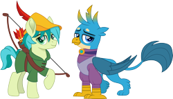 Size: 2621x1500 | Tagged: safe, artist:cloudyglow, character:gallus, character:sandbar, species:earth pony, species:griffon, species:pony, ship:gallbar, arrow, bow (weapon), bow and arrow, clothing, cosplay, costume, crossover, cute, disney, feather, femboy, gallabetes, gay, hat, looking at you, maid marian, male, movie accurate, raised hoof, robin hood, sandabetes, shipping, simple background, stallion, transparent background, weapon