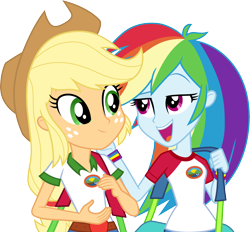 Size: 3232x3000 | Tagged: safe, artist:cloudyglow, character:applejack, character:rainbow dash, equestria girls:legend of everfree, g4, my little pony: equestria girls, my little pony:equestria girls, camp everfree outfits, clothing, cowboy hat, freckles, hat, open mouth, shoulder bag, simple background, smiling, stetson, transparent background, vector