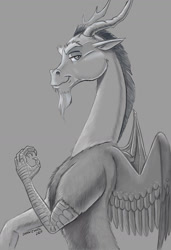 Size: 900x1316 | Tagged: safe, artist:baron engel, character:discord, species:draconequus, bust, calm, clip studio paint, digital painting, gray background, grayscale, looking at you, male, monochrome, portrait, profile, simple background, smiling, solo, study