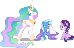 Size: 2915x1921 | Tagged: safe, artist:8-notes, artist:cheezedoodle96, artist:cloudyglow, artist:sketchmcreations, artist:tardifice, edit, editor:slayerbvc, character:princess celestia, character:starlight glimmer, character:trixie, species:pony, species:unicorn, annoyed, cape, celestia is not amused, celestia's crown, clothing, concerned, confused, female, hat, hoof shoes, magic trick, mare, oops, out of trixie's hat, peytral, race swap, simple background, sitting, this will end in a trip to the moon, transparent background, trixie's cape, trixie's hat, unamused, unicorn celestia, vector, vector edit, wingless, wings