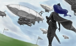 Size: 1147x697 | Tagged: safe, artist:johnjoseco, artist:sesshomaruco, character:princess luna, species:human, airship, cape, clothing, colored, female, humanized, military, military uniform, solo, sword, uniform, warrior luna, weapon