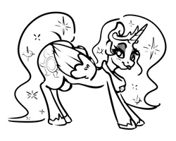 Size: 1280x1024 | Tagged: safe, artist:slavedemorto, character:princess celestia, species:alicorn, species:pony, bedroom eyes, blushing, female, grayscale, jewelry, looking at you, mare, monochrome, regalia, simple background, smiling, solo, tongue out, white background