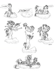 Size: 1200x1553 | Tagged: safe, artist:baron engel, character:apple bloom, character:princess luna, oc, oc:stone mane, species:alicorn, species:earth pony, species:pony, cloud, colored hooves, colt, female, filly, grayscale, male, mare, monochrome, pencil drawing, semi-anthro, story included, traditional art, underhoof, unshorn fetlocks