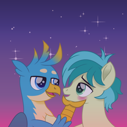 Size: 1080x1080 | Tagged: safe, artist:cloudyglow, character:gallus, character:sandbar, species:earth pony, species:griffon, species:pony, ship:gallbar, g4, blushing, colored pupils, cute, gallabetes, gay, interspecies, looking at each other, male, profile, sandabetes, shipping, stallion, starry night, stars, teenager, three quarter view, twilight (astronomy)