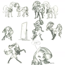 Size: 1400x1385 | Tagged: safe, artist:baron engel, character:rarity, oc, oc:petina, species:pony, species:unicorn, boots, butt, clothing, featureless crotch, female, leather, leather boots, mare, mirror, monochrome, pencil drawing, plot, semi-anthro, shoes, socks, story included, thigh highs, traditional art