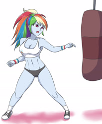 Size: 1764x2152 | Tagged: safe, artist:sumin6301, character:rainbow dash, my little pony:equestria girls, armpits, breasts, busty rainbow dash, cleavage, clothing, converse, female, open mouth, punching bag, shoes, solo, sports bra, sports panties, workout