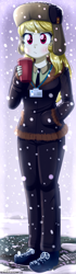 Size: 520x1860 | Tagged: safe, artist:the-butch-x, character:march gustysnows, my little pony:equestria girls, beverage, clothing, coat, cup, equestria girls-ified, female, hand in pocket, hat, pants, shoes, snow, solo