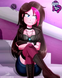Size: 761x960 | Tagged: safe, artist:the-butch-x, oc, oc only, oc:zoe star pink, my little pony:equestria girls, angry, blue eyes, blushing, boots, breasts, butch's hello, canterlot high, cleavage, clothing, collar, crossed arms, denim shorts, emo, equestria girls logo, equestria girls-ified, female, fingerless gloves, gift art, gloves, gritted teeth, hello x, jacket, jewelry, logo, multicolored hair, necklace, peeved, sexy, shoes, shorts, signature, sitting, solo, steps, tomboy