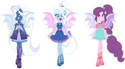 Size: 1186x658 | Tagged: safe, artist:sarahalen, artist:selenaede, base used, character:night glider, character:sugar belle, character:trixie, my little pony:equestria girls, alternate hairstyle, alternate universe, boots, clothing, coat, dress, equestria girls-ified, female, gem, high heel boots, jewelry, necklace, pendant, shoes, simple background, siren gem, skirt, trio, white background, wristband