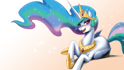 Size: 3840x2160 | Tagged: safe, artist:johnjoseco, character:princess celestia, species:alicorn, species:pony, beautiful, bedroom eyes, best princess, blushing, crown, ethereal mane, female, flowing mane, folded wings, high res, hoof shoes, jewelry, looking at you, lying down, mare, multicolored hair, open mouth, peytral, prone, regalia, solo, sparkles, wallpaper, wingding eyes