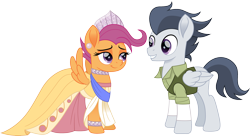 Size: 2758x1500 | Tagged: safe, artist:cloudyglow, character:rumble, character:scootaloo, species:pegasus, species:pony, ship:rumbloo, anastasia, clothing, crossover, don bluth, dress, duo, ear piercing, earring, female, jewelry, looking at each other, male, mare, movie accurate, older, older rumble, older scootaloo, piercing, shipping, simple background, stallion, straight, tomboy taming, transparent background