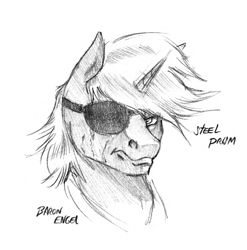 Size: 1242x1256 | Tagged: safe, artist:baron engel, oc, oc:steel prism, species:pony, species:unicorn, black and white, bust, eyepatch, grayscale, looking at you, male, monochrome, pencil drawing, signature, simple background, solo, stallion, traditional art