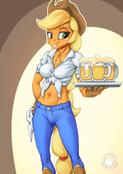 Size: 955x1351 | Tagged: safe, artist:mysticalpha, character:applejack, species:anthro, species:earth pony, species:pony, abstract background, applejack's hat, belly button, beverage, breasts, busty applejack, cider mug, clothing, cowboy hat, female, front knot midriff, grin, hat, jeans, midriff, mug, pants, smiling, solo, tray