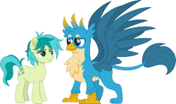 Size: 2529x1500 | Tagged: safe, artist:cloudyglow, character:gallus, character:sandbar, species:earth pony, species:griffon, species:pony, cloudyglowverse, ship:gallbar, bedroom eyes, chest fluff, cute, gallabetes, gay, leonine tail, looking at each other, male, movie accurate, older, older gallus, older sandbar, raised tail, sandabetes, shipping, simple background, spread wings, stallion, tail, transparent background, wings