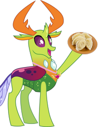 Size: 3000x3585 | Tagged: safe, artist:cloudyglow, edit, editor:damiranc1, character:thorax, species:changeling, species:reformed changeling, antlers, cute, food, jewelry, male, meme, necklace, pierogi, plate, raised hoof, solo, thorabetes, vector, vector edit
