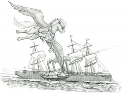 Size: 1400x1033 | Tagged: safe, artist:baron engel, oc, oc:sky brush, species:pegasus, species:pony, flying, male, monochrome, pencil drawing, ship, stallion, story included, traditional art