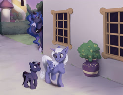 Size: 3300x2550 | Tagged: safe, artist:silfoe, character:princess luna, oc, oc:comet tail (alicorn), oc:moon dust (pegasus), parent:princess luna, species:alicorn, species:pegasus, species:pony, alternate universe, canterlot, compliment, contemplating adoption, cute, female, maternaluna, mother and child, mother and daughter, offspring, peeking, talking