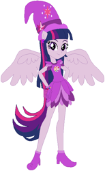 Size: 398x645 | Tagged: safe, artist:selenaede, artist:user15432, base used, character:twilight sparkle, character:twilight sparkle (alicorn), species:alicorn, species:human, species:pony, my little pony:equestria girls, barely eqg related, boots, clothing, cosplay, costume, crossover, cutie mark, ear piercing, earring, element of magic, gloves, hands on hip, hat, jewelry, magical doremi, ojamajo doremi, piercing, ponied up, shoes, wings, witch, witch apprentice, witch costume, witch hat
