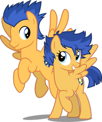 Size: 2241x2690 | Tagged: safe, artist:cloudyglow, artist:whalepornoz, edit, editor:slayerbvc, character:flash sentry, species:pegasus, species:pony, duality, female, flare warden, flying, grin, looking down, looking up, male, mare, ponidox, r63 paradox, rule 63, self ponidox, simple background, smiling, stallion, transparent background, vector, vector edit