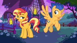 Size: 1136x640 | Tagged: safe, artist:3d4d, artist:andoanimalia, artist:cloudyglow, character:flash sentry, character:sunset shimmer, species:pegasus, species:pony, species:unicorn, ship:flashimmer, female, male, mare, shipping, stallion, straight