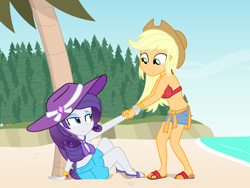 Size: 1800x1350 | Tagged: safe, artist:dm29, character:applejack, character:rarity, my little pony:equestria girls, beach, belly button, bikini, breasts, cleavage, clothing, duo, duo female, feet, female, sandals, sarong, sleeveless, swimsuit
