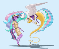 Size: 1400x1167 | Tagged: safe, artist:baron engel, character:princess celestia, character:twilight sparkle, character:twilight sparkle (unicorn), species:alicorn, species:anthro, species:pony, species:unguligrade anthro, species:unicorn, armband, bottle, bra, breasts, busty princess celestia, busty twilight sparkle, clothing, duo, explorer outfit, female, genie, geniefied, hat, magic lamp, mare, pith helmet, sash, story included, underwear, vest, watch, wristband, wristwatch