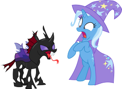 Size: 4109x3000 | Tagged: safe, artist:cloudyglow, character:pharynx, character:trixie, species:changeling, species:pony, species:unicorn, episode:to change a changeling, g4, my little pony: friendship is magic, fangs, female, forked tongue, high res, male, mare, shocked expression, simple background, tongue out, transparent background, vector