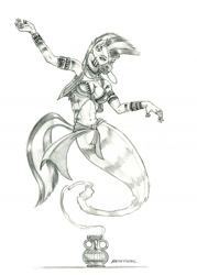 Size: 1000x1399 | Tagged: safe, artist:baron engel, character:zecora, species:anthro, species:pony, species:zebra, absolute cleavage, breasts, busty zecora, cleavage, ear piercing, earring, female, genie, geniefied, grayscale, jewelry, magic lamp, mare, monochrome, pencil drawing, piercing, ring, simple background, solo, traditional art, white background