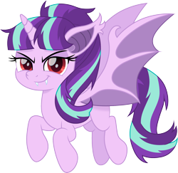 Size: 1500x1455 | Tagged: safe, artist:cloudyglow, character:starlight glimmer, species:alicorn, species:bat pony, species:pony, alicornified, bat ponified, bat pony alicorn, bat wings, female, glimbat, horn, looking at you, mare, race swap, red eyes, simple background, smiling, solo, starlicorn, transparent background, wings, xk-class end-of-the-world scenario