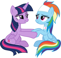 Size: 3146x3000 | Tagged: safe, artist:cloudyglow, artist:yanoda, character:rainbow dash, character:twilight sparkle, character:twilight sparkle (alicorn), species:alicorn, species:pegasus, species:pony, episode:deep tissue memories, spoiler:deep tissue memories, alternate hairstyle, cutie mark, duo, female, high res, implied shipping, simple background, sitting, smiling, spa pony rainbow dash, transparent background, vector