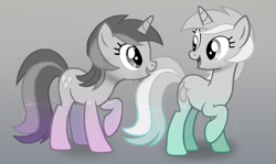 Size: 2651x1584 | Tagged: safe, artist:cloudyglow, artist:moongazeponies, editor:xbi, character:amethyst star, character:lyra heartstrings, character:sparkler, species:pony, species:unicorn, awwmethyst star, cute, duo, gradient background, looking at each other, lyrabetes, partial color, show accurate, similarities