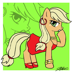 Size: 900x900 | Tagged: safe, artist:johnjoseco, character:applejack, species:earth pony, species:pony, anarchy panty, clothing, crossover, dress, ear piercing, earring, female, panty and stocking with garterbelt, piercing, signature, solo, zoom layer