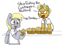 Size: 800x586 | Tagged: safe, artist:pabbley, edit, character:derpy hooves, character:gourmand ramsay, species:pegasus, species:pony, species:unicorn, alternate name, angry, crumbs, cute, ear fluff, eating, female, food, gordon ramsay, grammar, mare, minor edit, muffin, ponified, that pony sure does love muffins, yelling
