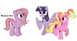 Size: 977x529 | Tagged: safe, artist:cinnam0chi, artist:selenaede, artist:venomous-cookietwt, base used, character:luster dawn, character:mean twilight sparkle, oc, oc:neutron star, parent:luster dawn, parent:mean twilight sparkle, species:alicorn, species:pony, species:unicorn, chest fluff, ear fluff, family, female, grin, magical lesbian spawn, mean lusterlight, mother and child, mother and daughter, offspring, open mouth, parents:mean lusterlight, raised hoof, raised leg, simple background, smiling, transparent background