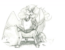 Size: 1400x1078 | Tagged: safe, artist:baron engel, character:cheerilee, character:princess celestia, species:alicorn, species:earth pony, species:pony, book, duo, female, grayscale, mare, monochrome, pencil drawing, semi-anthro, simple background, sitting, traditional art, voice actor joke, white background