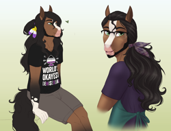 Size: 3000x2293 | Tagged: safe, artist:askbubblelee, oc, oc only, oc:walter nutt, species:anthro, species:earth pony, species:pony, anthro oc, clothing, demisexual, digital art, earth pony oc, facial hair, glasses, gradient background, looking back, male, nonbinary, nonbinary pride flag, pride, pride flag, saddle arabian, shirt, sitting, smiling, solo, stallion