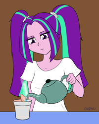 Size: 800x1000 | Tagged: safe, artist:empyu, character:aria blaze, my little pony:equestria girls, 30 minute art challenge, clothing, cup, female, food, noodles, ramen, shirt, solo, water