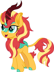 Size: 1500x1978 | Tagged: safe, artist:cloudyglow, character:sunset shimmer, species:kirin, series:creature-verse, g4, cloudyglow is trying to murder us, colored hooves, colored pupils, cute, female, hooves, kirin-ified, movie accurate, open mouth, shimmerbetes, simple background, solo, species swap, transparent background