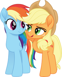 Size: 3000x3721 | Tagged: safe, artist:cloudyglow, character:applejack, character:rainbow dash, species:earth pony, species:pegasus, species:pony, my little pony: the movie (2017), .ai available, clothing, cowboy hat, cutie mark, duo, freckles, hat, high res, open mouth, simple background, smiling, transparent background, vector