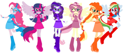 Size: 1435x621 | Tagged: safe, artist:selenaede, artist:sunset-sunrize, base used, character:applejack, character:fluttershy, character:pinkie pie, character:rainbow dash, character:rarity, character:twilight sparkle, character:twilight sparkle (alicorn), species:alicorn, species:human, species:pony, my little pony:equestria girls, boots, clothing, cowboy hat, element of generosity, element of honesty, element of kindness, element of laughter, element of loyalty, element of magic, elements of harmony, hat, high heel boots, high heels, humane five, humane six, mask, masks, pegasus wings, ponied up, shoes, super ponied up, superhero, wings