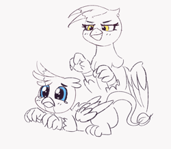 Size: 2026x1761 | Tagged: safe, artist:pabbley, character:gallus, character:gilda, species:griffon, /mlp/ con, duo, gallabuse, imminent something, monochrome, sketches from a hat, teary eyes