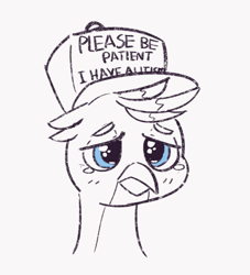 Size: 1186x1306 | Tagged: safe, artist:pabbley, character:gallus, species:griffon, /mlp/ con, autism, autism gallus, clothing, crying, gallabuse, hat, male, monochrome, please be patient i have autism, sketches from a hat, solo, teary eyes