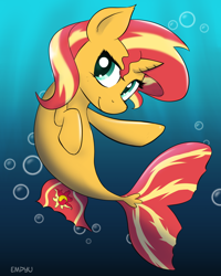 Size: 800x1000 | Tagged: safe, artist:empyu, character:sunset shimmer, species:seapony (g4), 30 minute art challenge, bubble, cute, female, seaponified, seapony sunset, shimmerbetes, smiling, solo, species swap, underwater