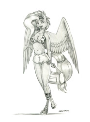 Size: 1000x1347 | Tagged: safe, artist:baron engel, character:kerfuffle, species:anthro, species:pegasus, species:pony, species:unguligrade anthro, absolute cleavage, amputee, belly button, bikini, bikini top, breasts, busty kerfuffle, cleavage, clothing, digital art, female, grayscale, mare, midriff, monochrome, pencil drawing, prosthetic limb, prosthetics, shorts, simple background, sketch, smiling, solo, swimsuit, traditional art, white background
