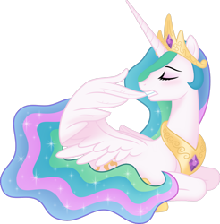 Size: 1280x1303 | Tagged: safe, artist:johnjoseco, artist:negatif22, character:princess celestia, species:alicorn, species:pony, biting, crown, cute, cutelestia, eyes closed, female, grooming, jewelry, mare, ponyloaf, preening, prone, regalia, simple background, solo, transparent background, vector, wing bite